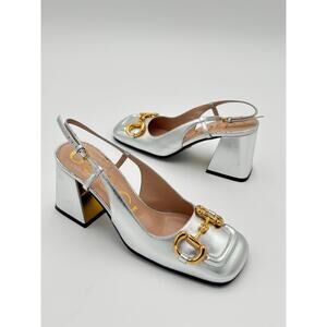 Gucci Baby Horsebit Slingback Pump Silver Metallic Leather Square Toe Size EU 36